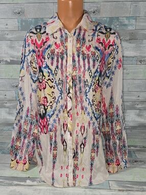 Johnny Was Lace Silk Multicolor Printed Button-Down Shirt/Top/Blouse Sz X-Small